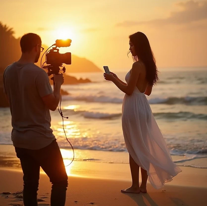 Gravação em praia ao pôr do sol, com câmera apontada para mulher de vestido branco