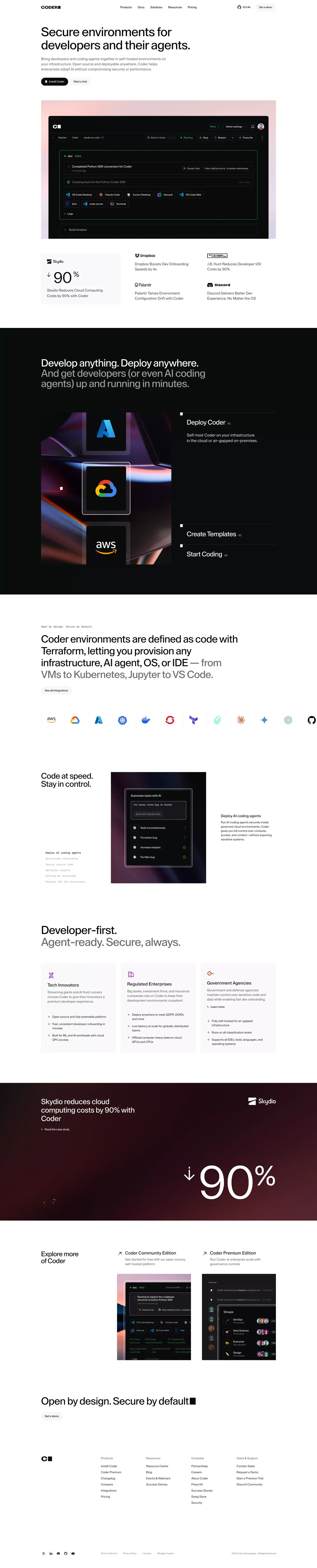 Coder landing page screenshot showcasing AI and Tech design