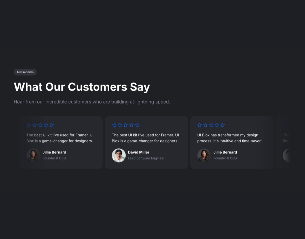 Framer Dark Testimonials Section - Frameblox UI