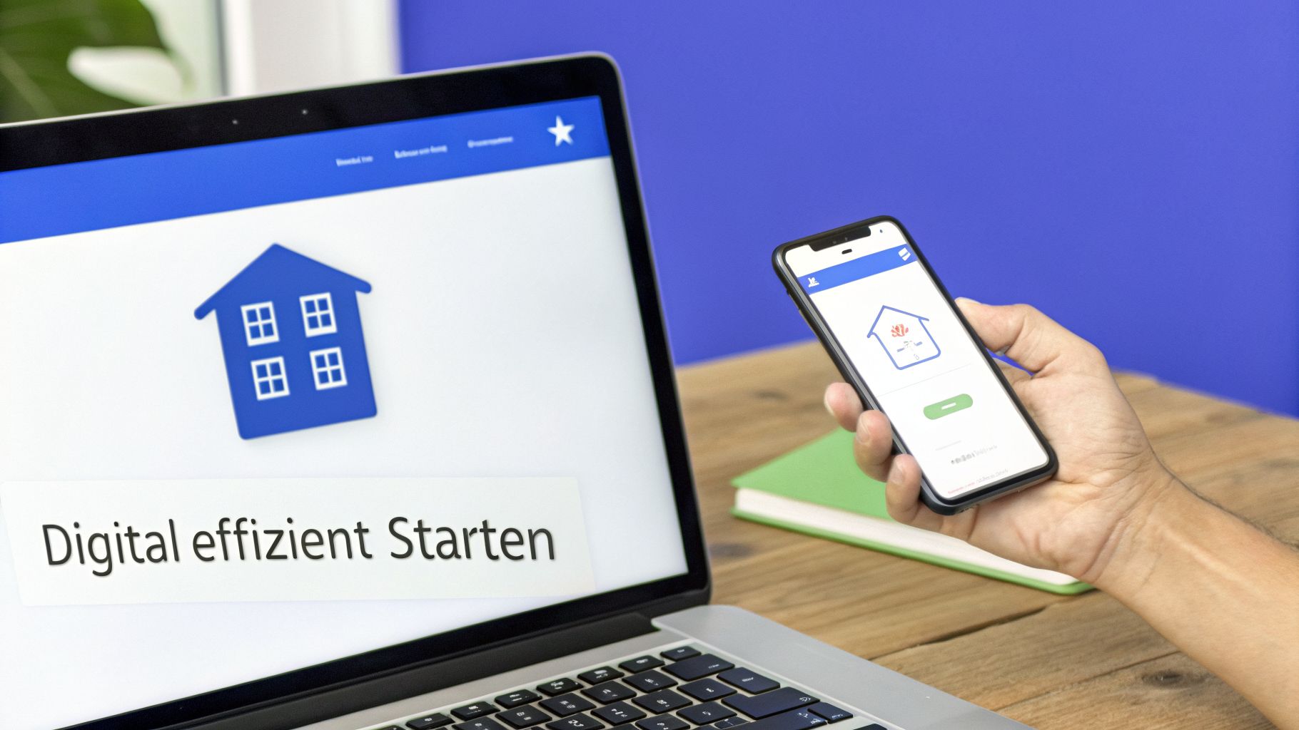 Laptop und Smartphone mit Haus-Symbolen, die digitale Effizienz beim Start repräsentieren.