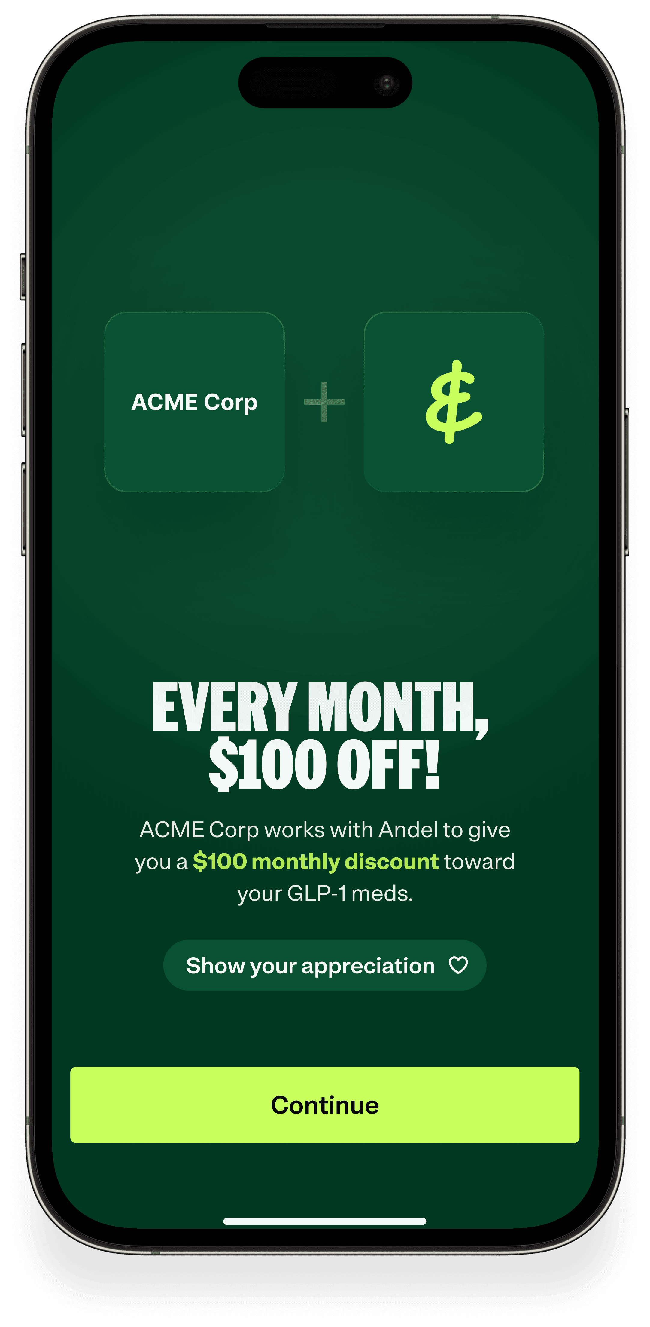 Promotional mobile pop-up with green background and falling confetti showing Dunder Mifflin logo plus a dollar icon, offering “Every month, $50 off” and a $50 monthly discount toward GLP-1 medications, with a “Continue” button at the bottom.