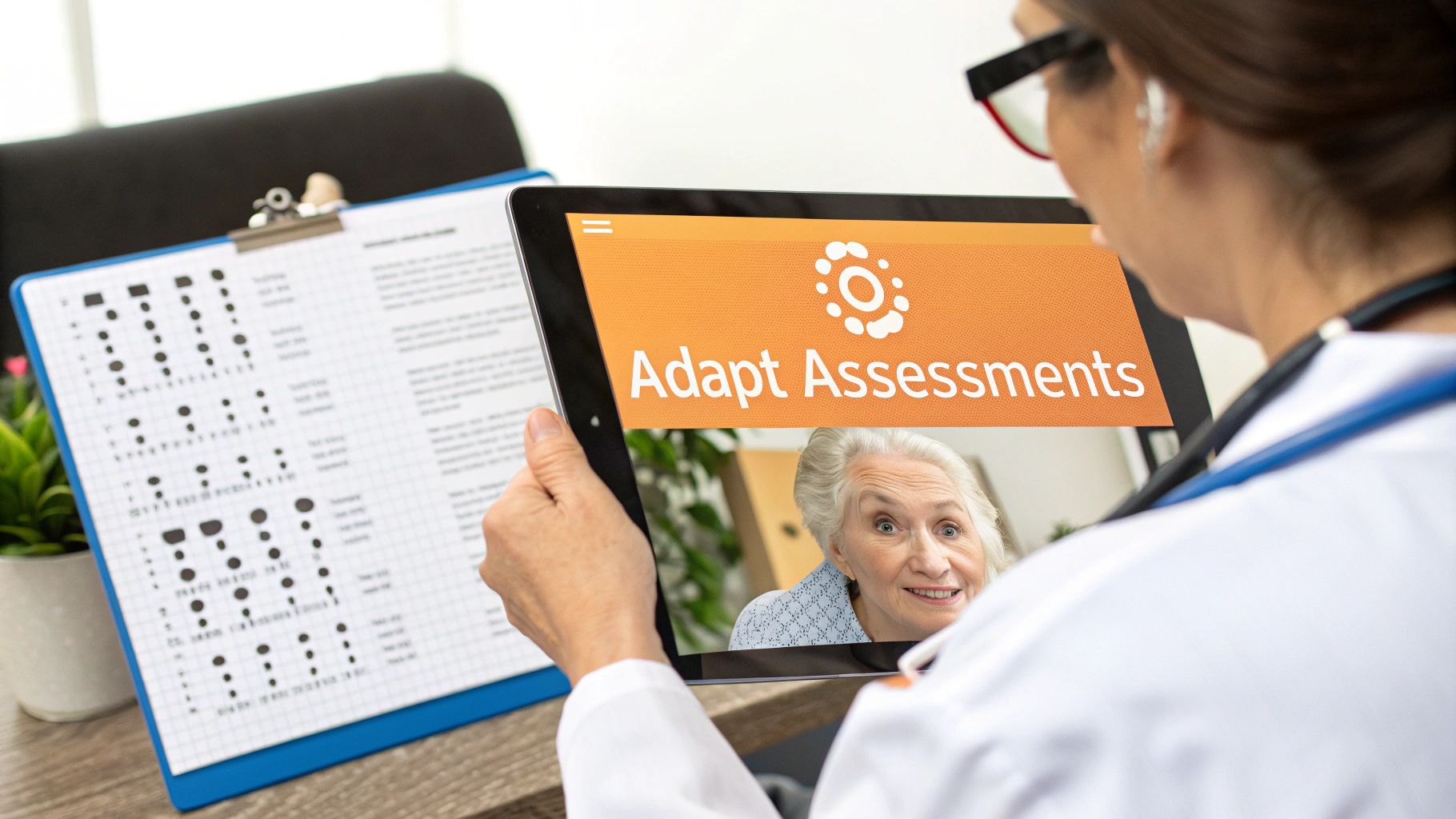 A doctor conducts a virtual cognitive assessment with an elderly patient using a tablet.