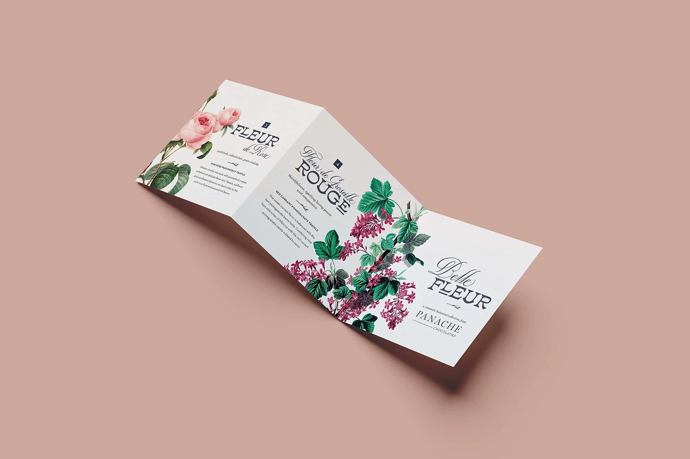Z-fold design for Panache Chocolatier's 2022 Valentine's Day truffle collection 'Belle Fleur,' showcasing large vintage botanical drawings alongside script and slab-serif fonts.