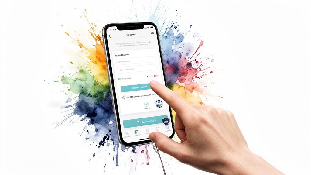 A hand taps a smartphone screen showing a 'Guest Checkout' form with colorful watercolor splashes.