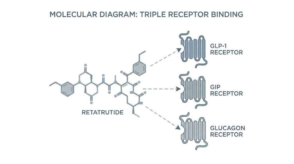 Retatrutide triple agonist mechanism showing GLP-1 GIP and glucagon receptor activation