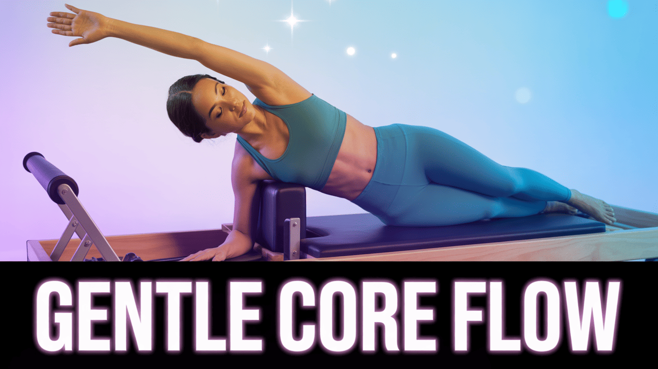Low Impact Pilates Flow Thumbnail Template featuring a serene instructor in side plank on reformer with extended arm, soft studio lighting and spar...