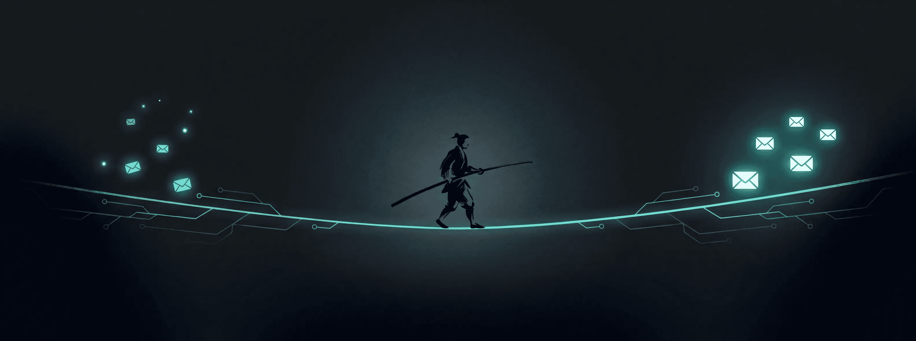 A lone figure balancing on a tightrope made of a glowing teal circuit line, walking from scattered email icons toward brighter ordered ones above a dark void, illustrated in Japanese minimalist ink style with teal and blue on a black background, representing scaling B2B outbound while protecting brand reputation.