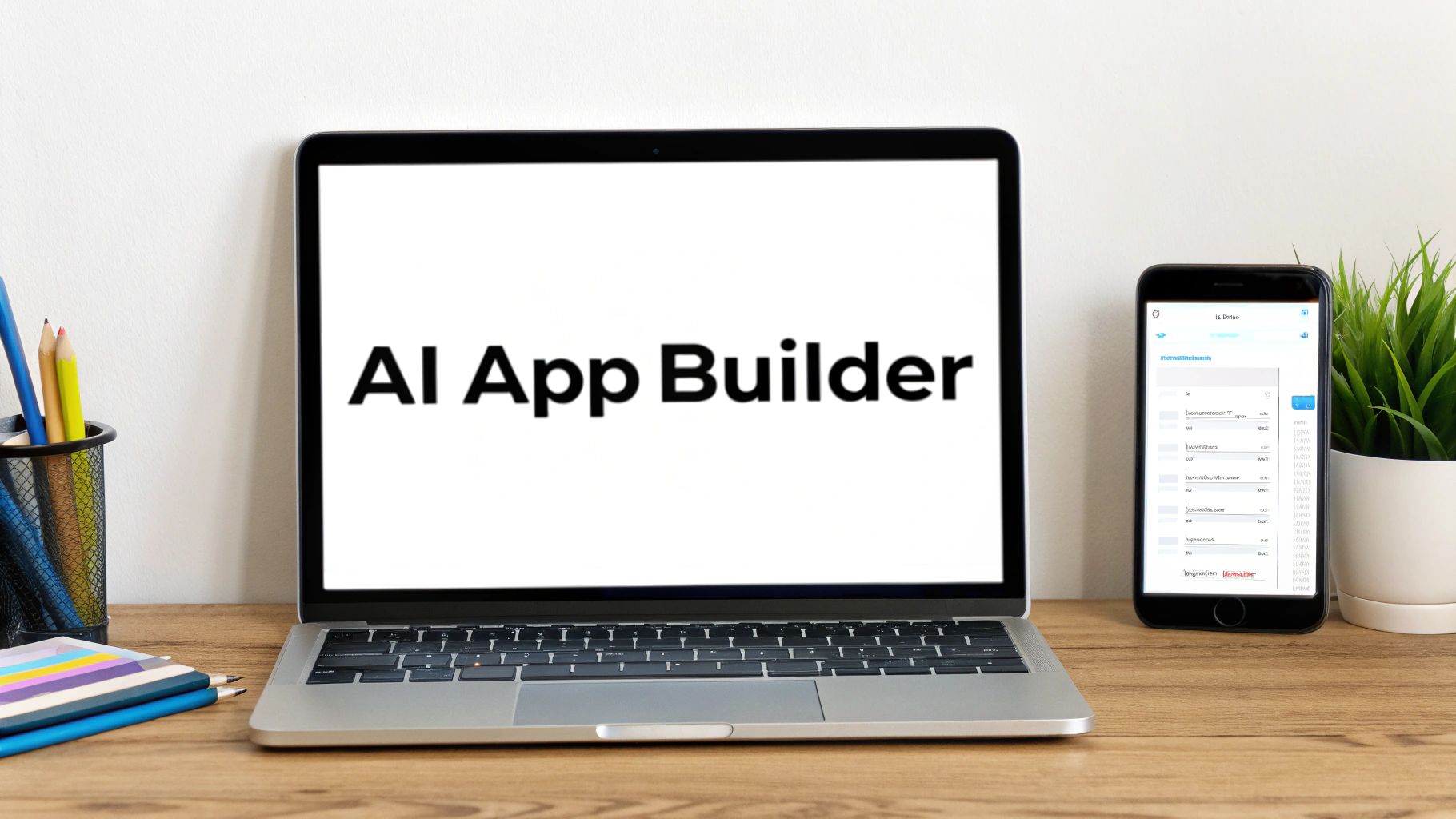 A laptop displaying 'AI App Builder' next to an iPhone showing a mobile app interface on a desk.