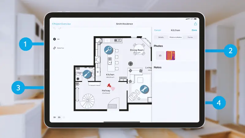 magic plan app interface with a detailed floor plan, inspection markers, photos, and notes