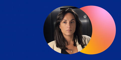 Portrait of a professional product designer, Deborah, in a circular frame against a blue and orange gradient background, used as the blog header for a career story about transitioning from brand design to product design at a global technology company.
