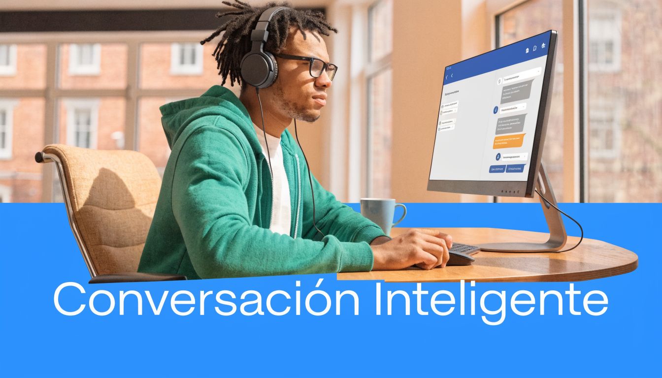 Un joven con auriculares sentado en su escritorio trabajando frente a una computadora en una oficina moderna.