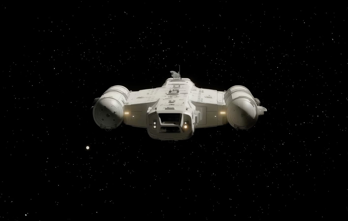 A cinematic white spacecraft with cylindrical engines in deep space; original score by Josh Mobley for Odyssey-2 Pro.