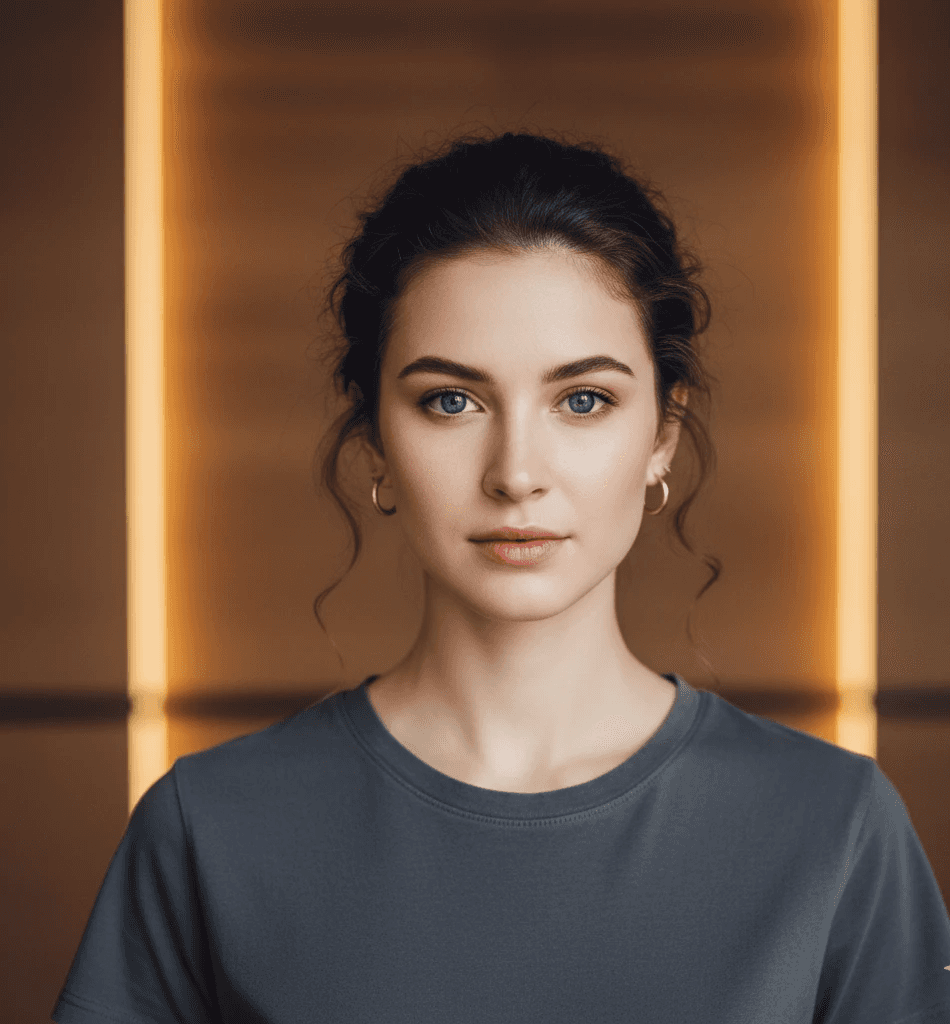 Young woman with wavy hair and hoop earrings, wearing a blue top. She stands against a softly lit, warm-toned background, looking calm and composed.