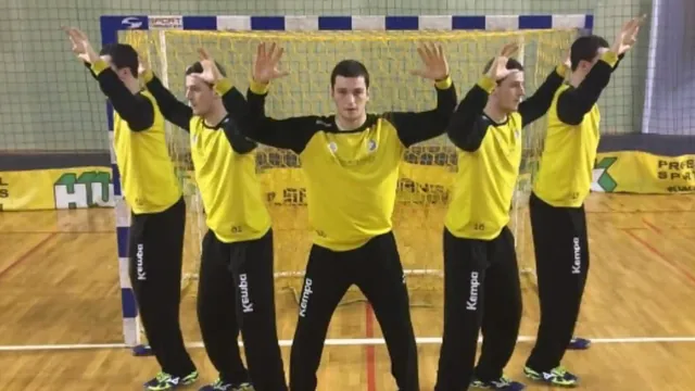 Composite image showing several handball goalkeeper positions across the goal, with arms raised in a ready stance.