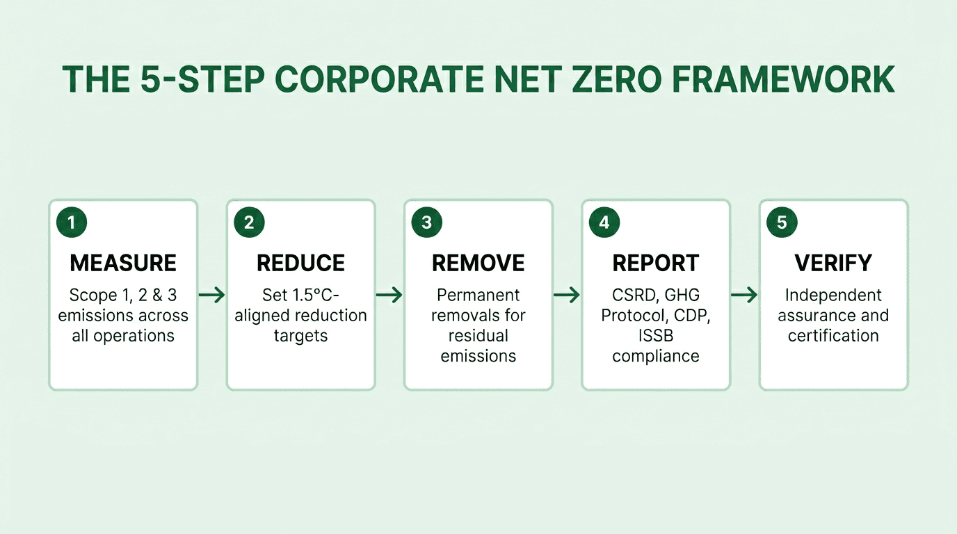 Flow diagram of the 5-step corporate net zero framework with sequential boxes for Measure, Reduce, Remove, Report, and Verify, connected by green arrows and labelled with the relevant emission scopes, frameworks, and assurance requirements