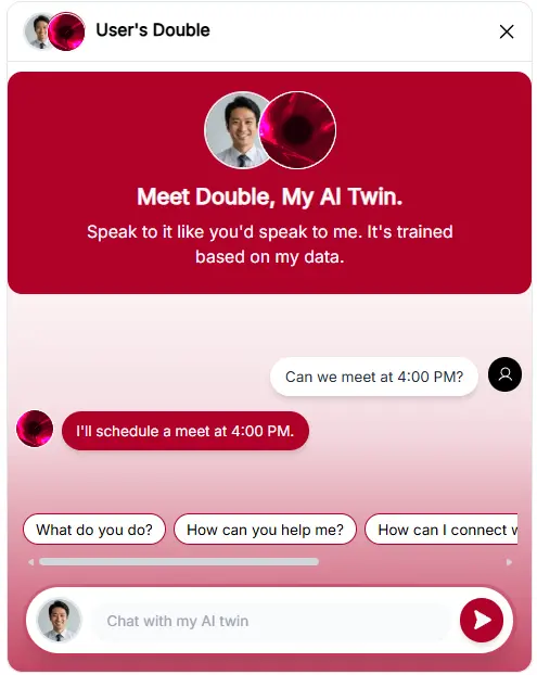 AI twin qualifying leads with chat interface displaying "Meet Dalia, My AI Twin" and qualifying questions for prospects
