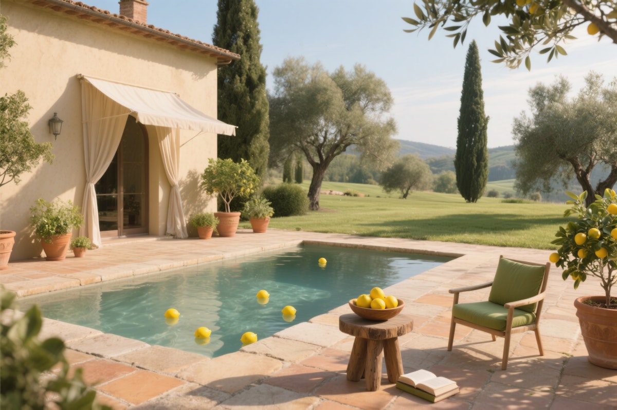 A serene backyard with a pool, sun loungers, and olive trees, set against a warm, sunny landscape.