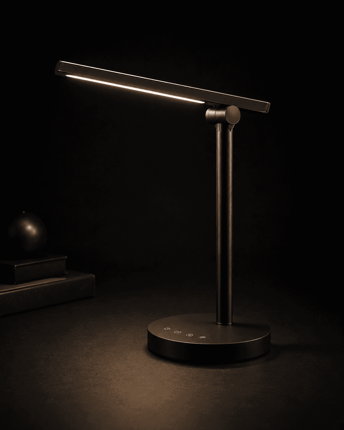 Matte-black LUMEN lamp base with touch controls for power, brightness, and light adjustment.