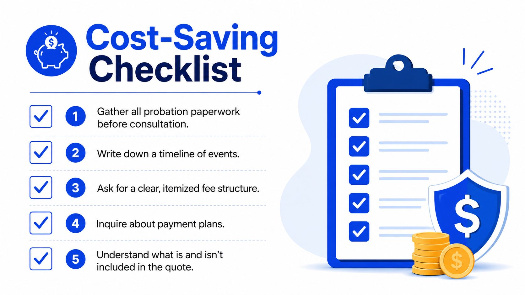 A checklist of five tips for reducing legal costs during a probation violation consultation.
