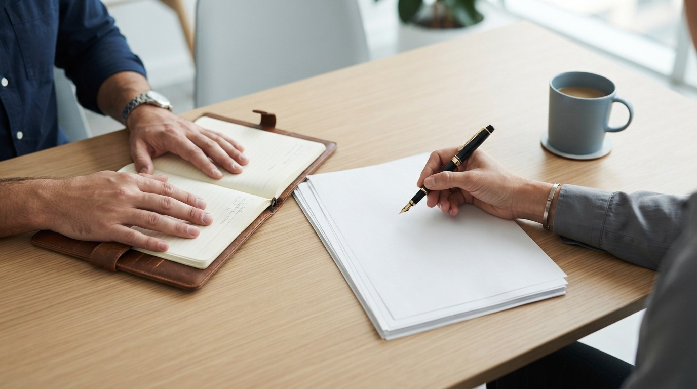 Illustrative two professionals reviewing physical documents during a work meeting