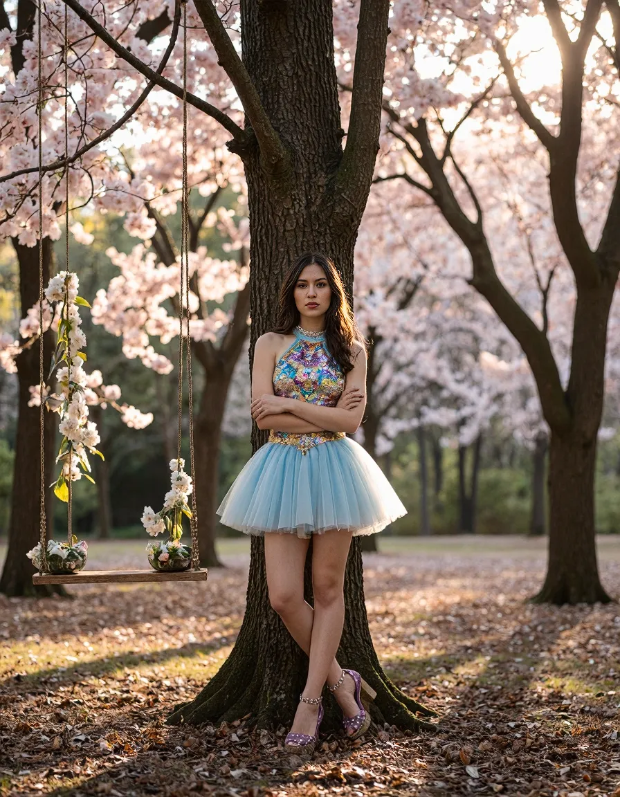 Fashion portrait in blue tulle dress standing by cherry blossom trees with decorative swing, golden sunlight filtering through pink blooms