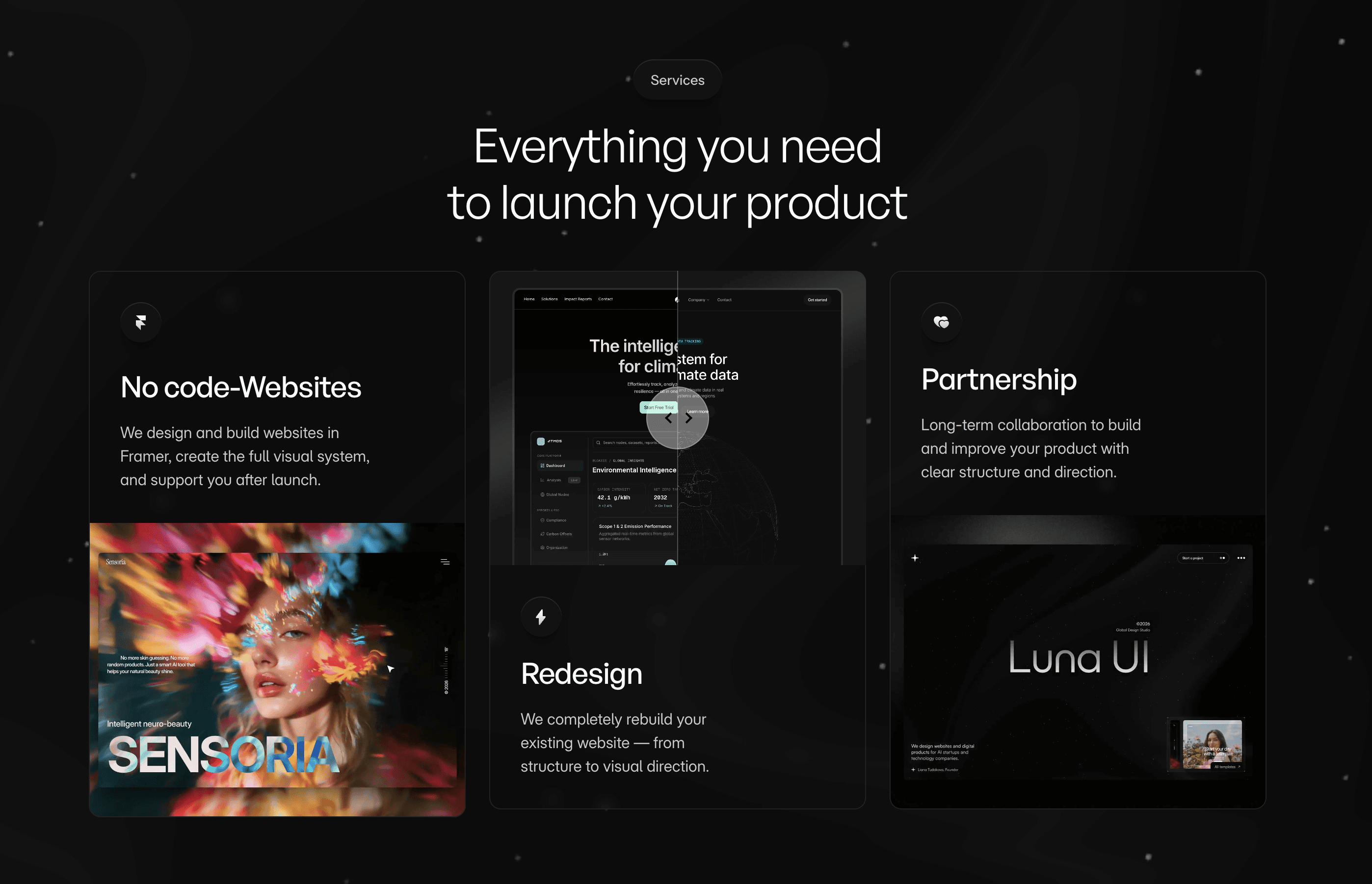 Luna UI design studio services including websites redesign and partnership — clear specialization for tech startups and founders