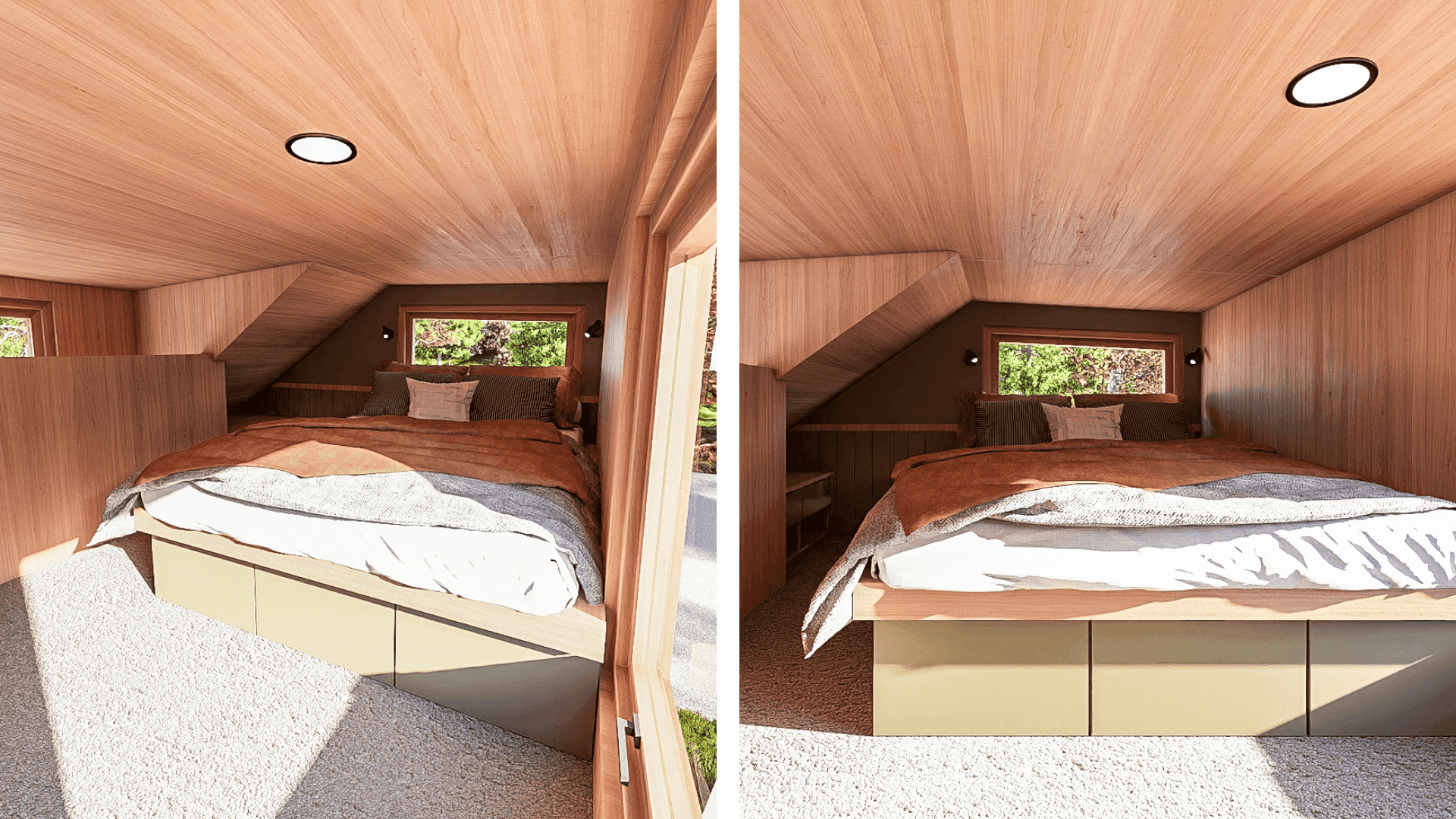 If you're looking for tiny home bedroom ideas for your tiny house with loft, look no further than Green Tiny House, with room for queen size bed, under bed storage and plenty of wardrobe storage to store all your creature comforts.