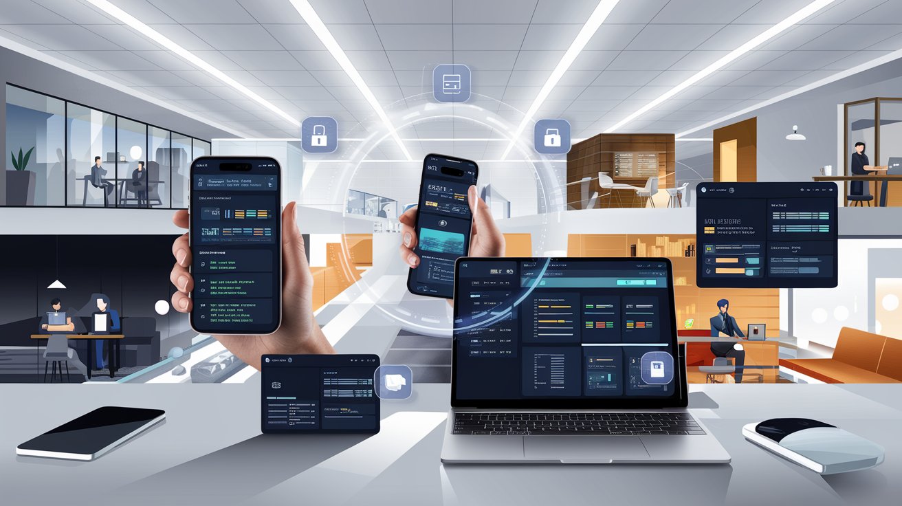 Professional using FileCentral cloud storage across multiple devices, demonstrating seamless file access