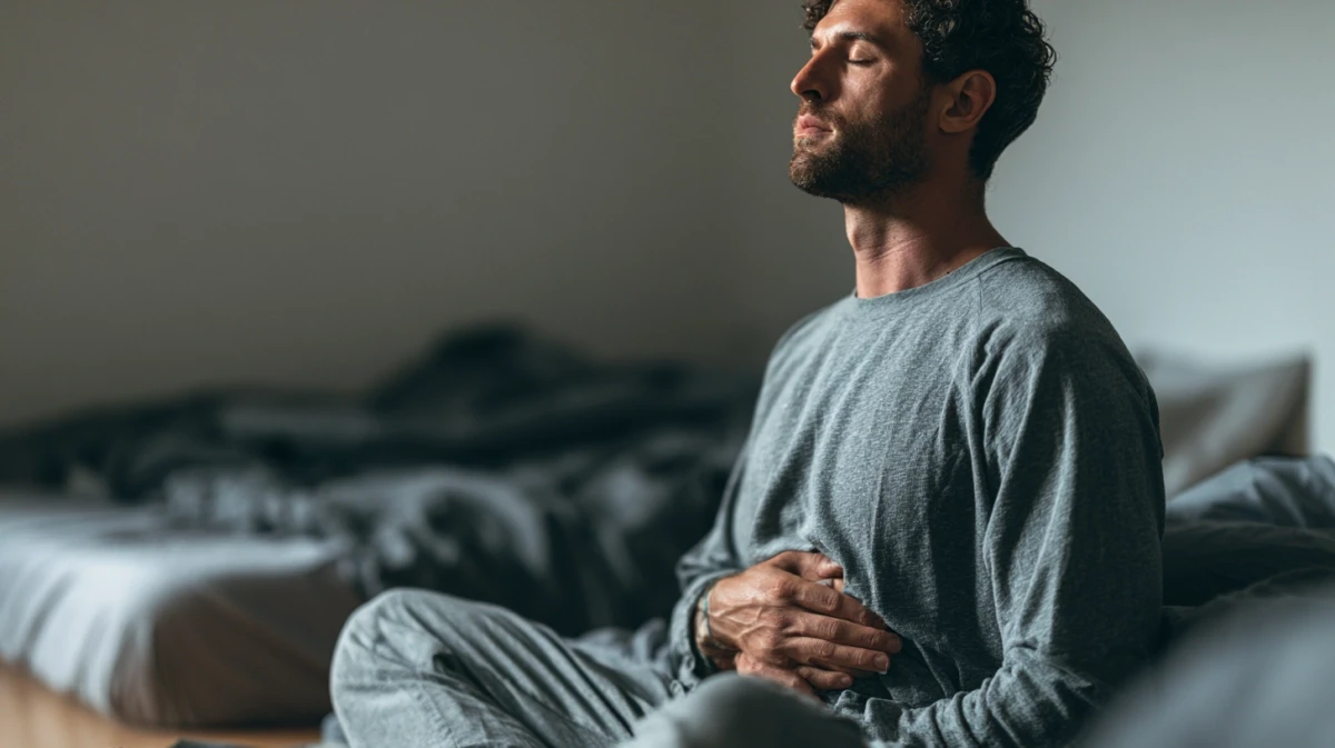 A man sitting on the floor with his hands on his stomach during a short breathing exercise.