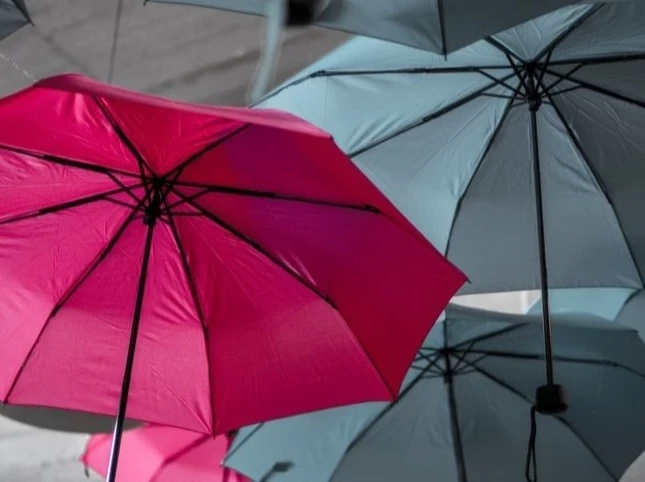 One pink umbrella among grey umbrellas