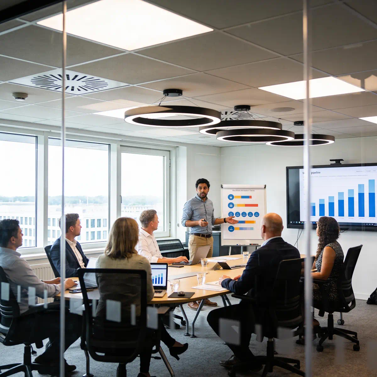 Team bekijkt outbound-resultaten en pipeline-inzicht via een gedeeld dashboard tijdens overleg.