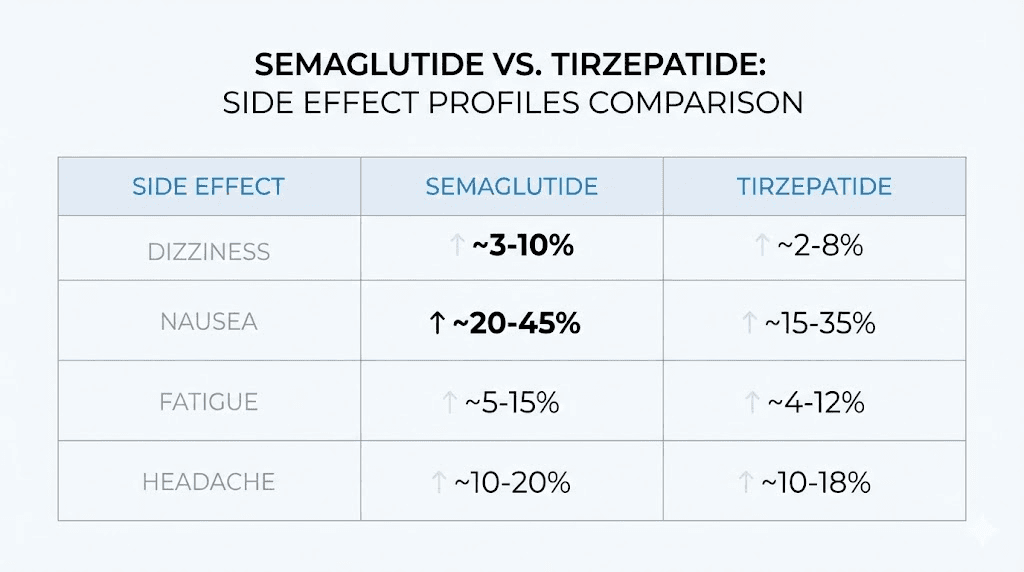 Semaglutide versus tirzepatide side effect comparison including dizziness rates