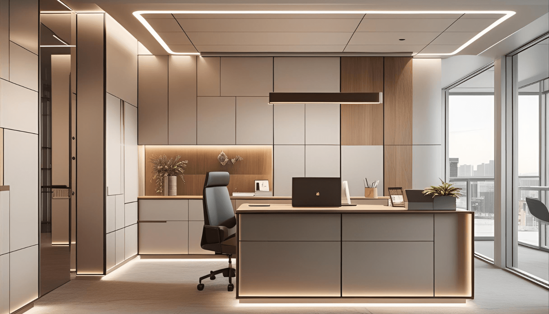 Modernes, helles Büro mit großem Schreibtisch, ergonomischem Stuhl und großen Fenstern.