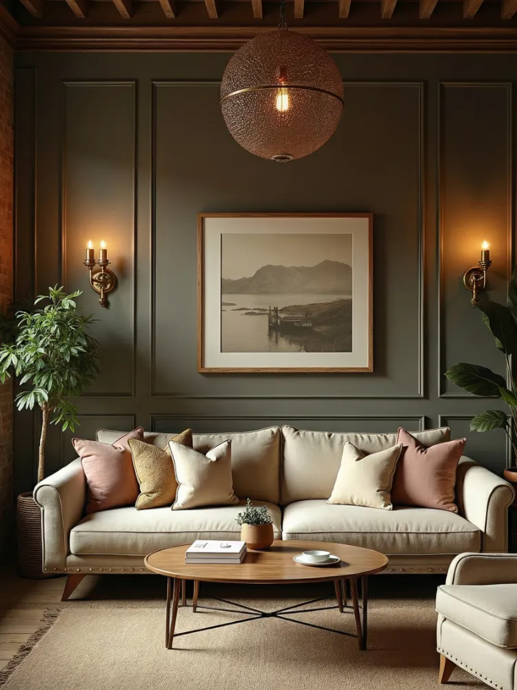 AI-generated interior design series, style definition study, warm modern living spaces, art-directed furniture styling and natural light