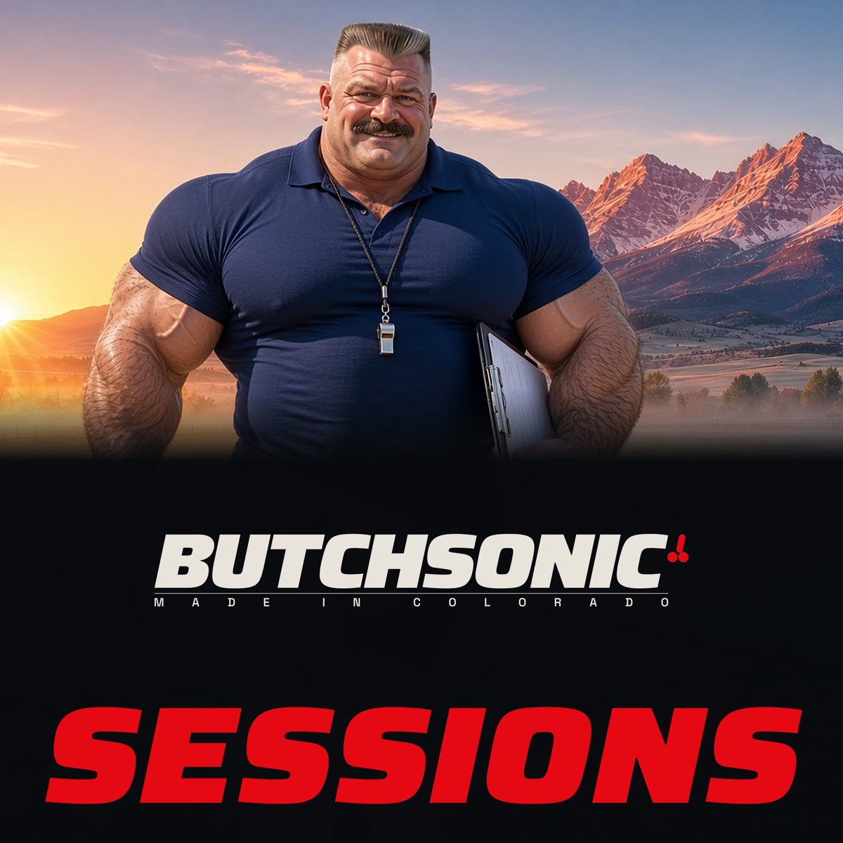 butchsonic sessions cover: the coach in a navy polo with a whistle, Colorado mountains at sunrise