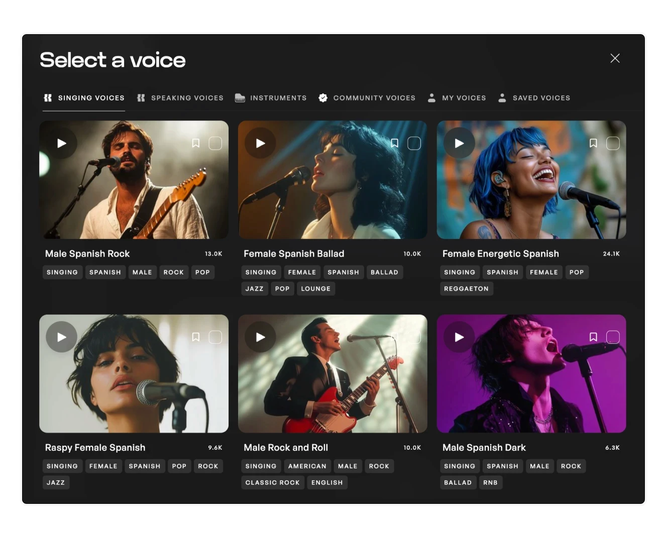 AI singing voices, categorized by language, style, and genre