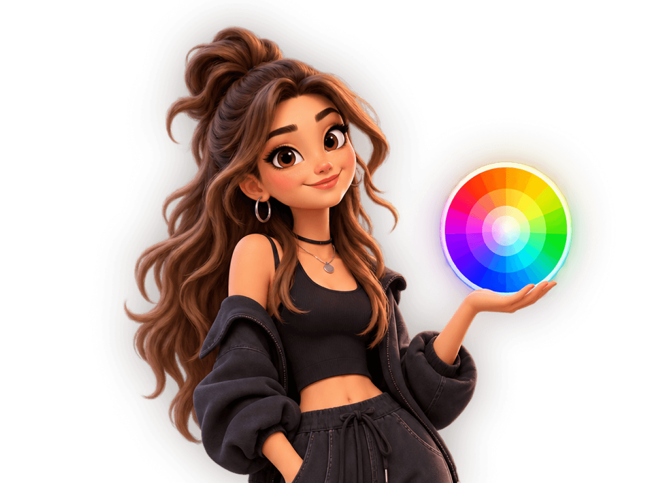 Stylized woman holding an RGB color wheel.