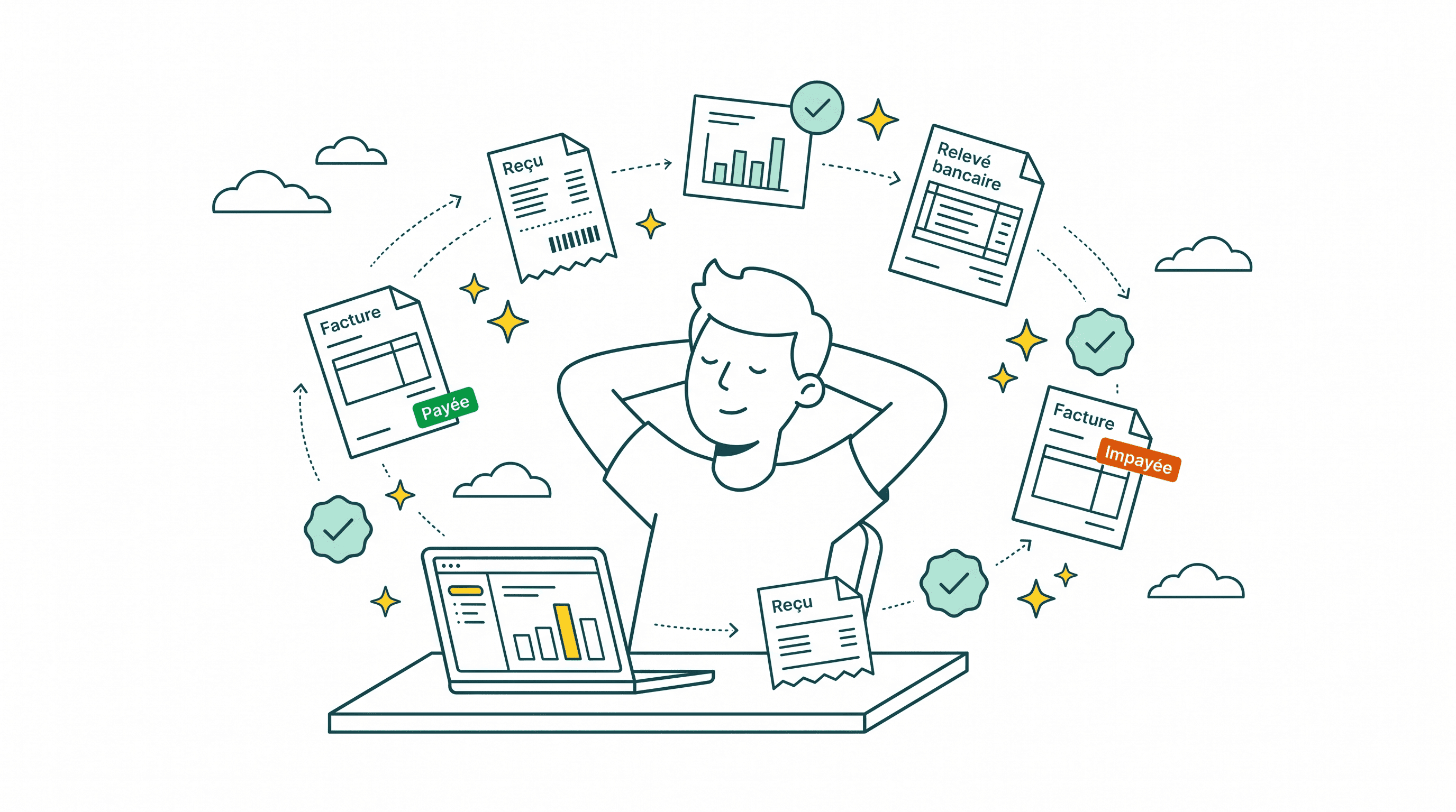 Homme à son bureau entourée de factures flottantes avec badges de paiement — automatisation financière PME