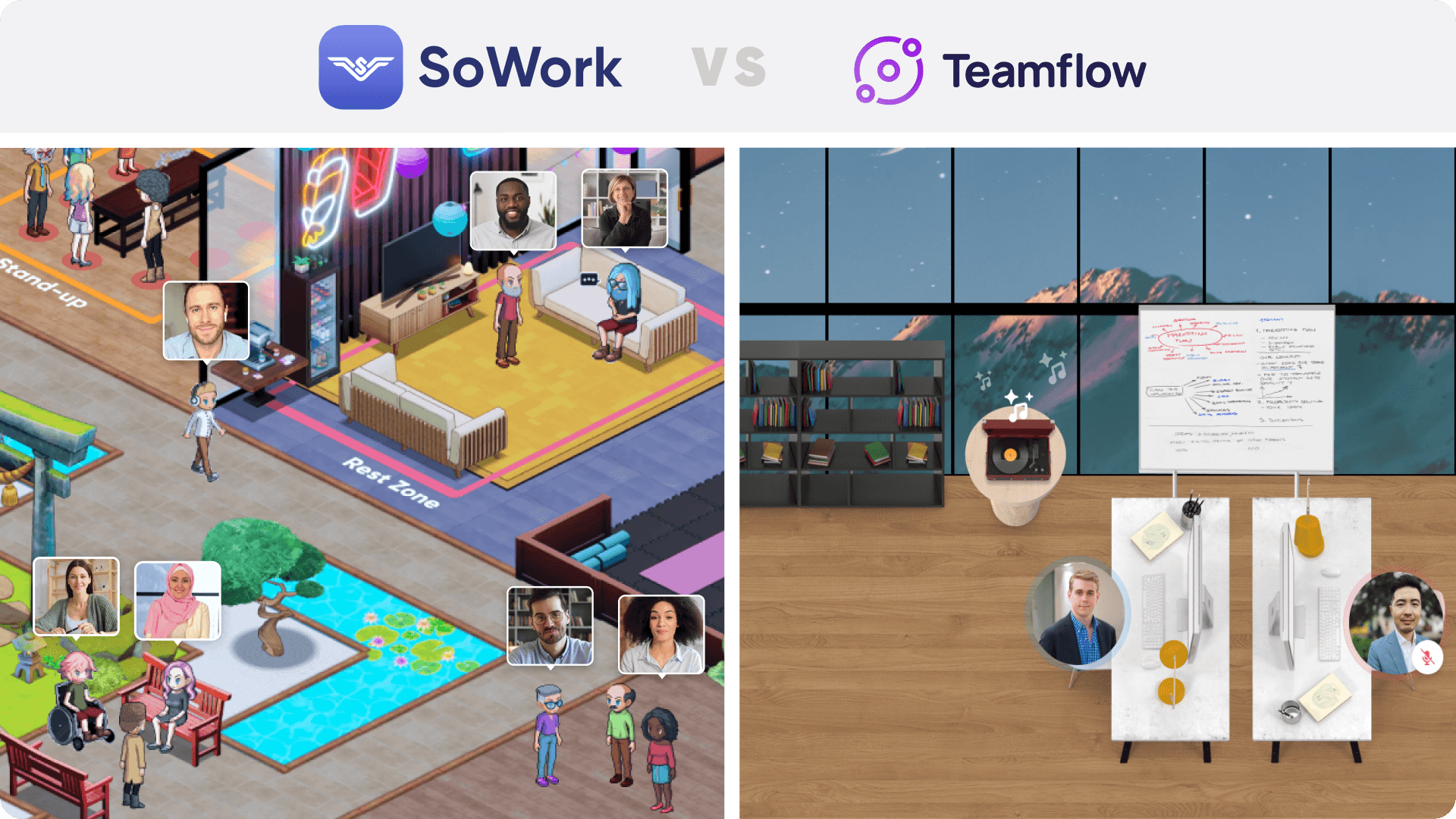 Side-by-side comparison of SoWork’s 2.5D immersive office versus Teamflow’s 2D spatial workspace for virtual team collaboration.