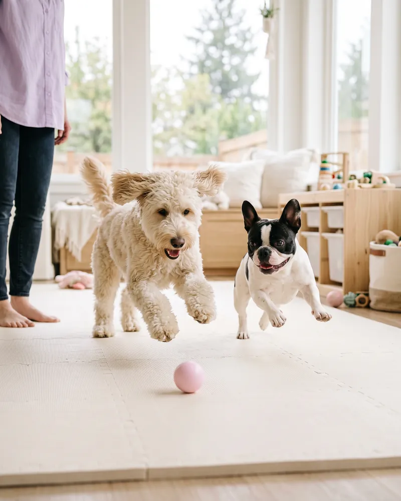 Doodle and French bulldog playing with a pink ball
