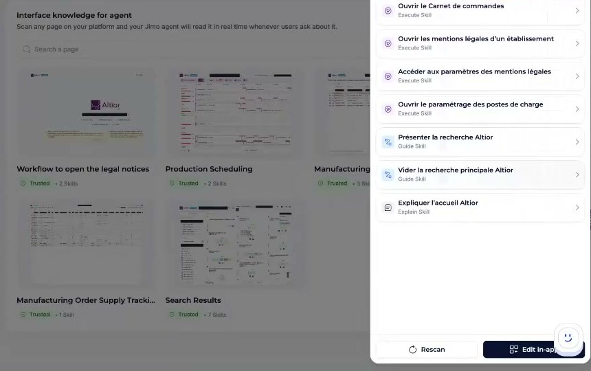 Altior's scanned pages and Execute, Guide and Explain skills in Jimo's agent knowledge