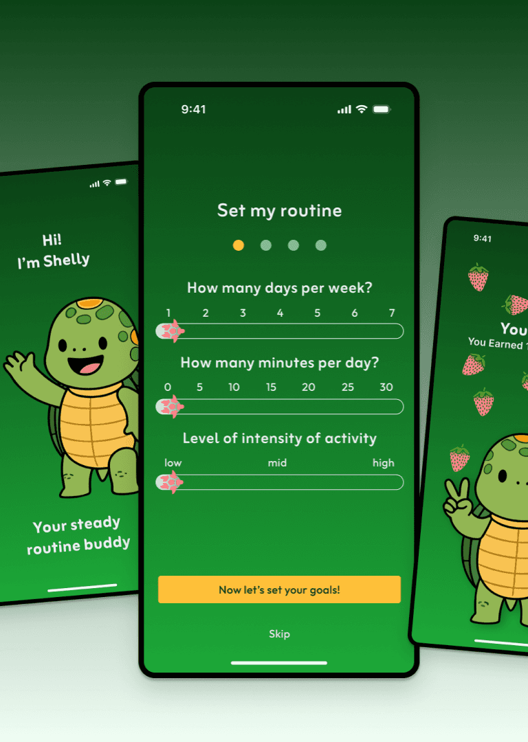 High-fidelity mockups of the Shelly app in both Light and Dark modes. The screens show consistency in the calming aesthetic, ensuring the app remains easy on the eyes during evening use.