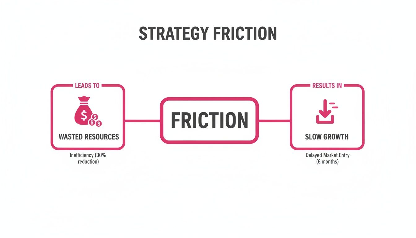 Diagram illustrating how strategy friction leads to wasted resources and results in slow growth and delayed market entry.