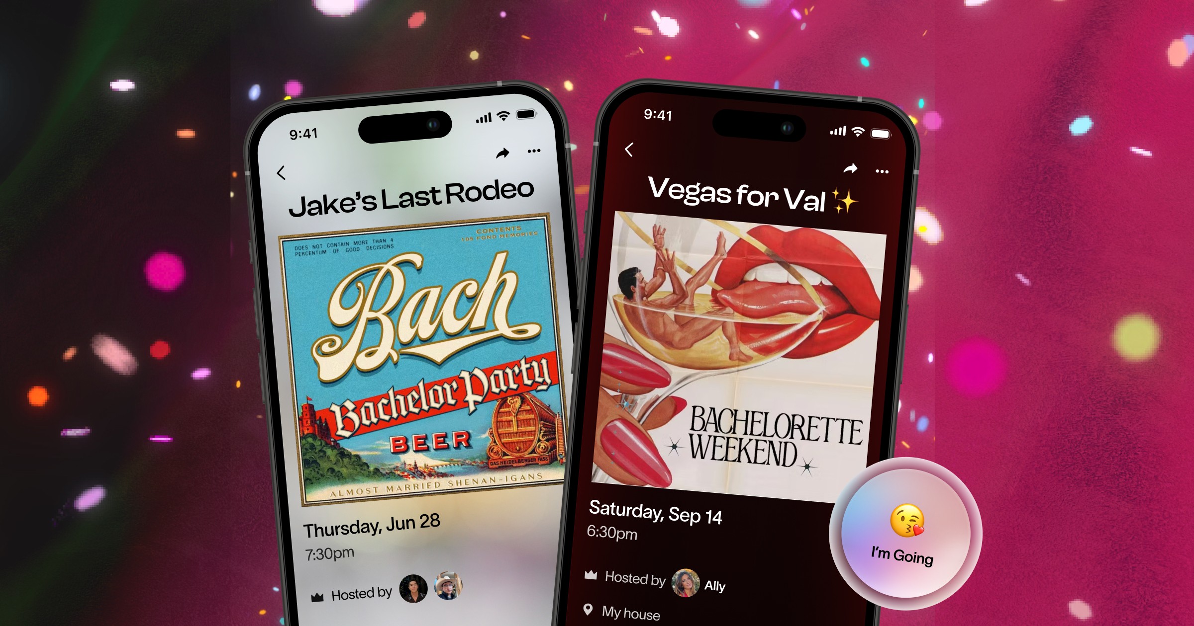 Two phones display customizable baby shower digital invitations against a dreamy pastel background with sparkles. The left screen shows a vintage-style online baby shower invite reading “Em’s having a baby!” with a blue bow design. The right screen features a modern floral digital baby shower invitation titled “Welcoming Olivia.” A floating RSVP button says “I’m Going.” Perfect for creating and sending baby shower invites online.