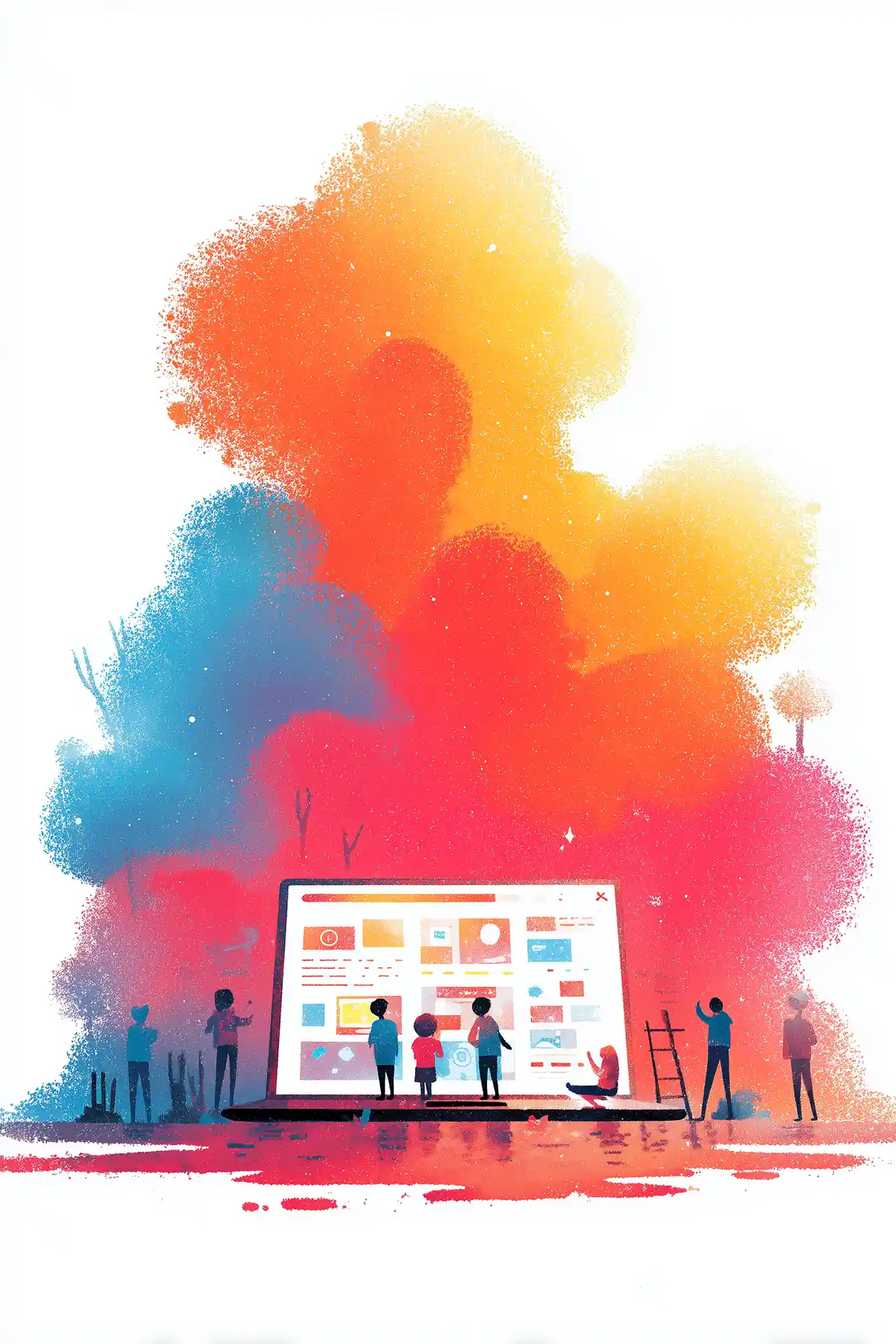 Textured editorial illustration of small figures gathered around an oversized laptop screen displaying a design interface, surrounded by billowing clouds of color in orange, red, and blue.