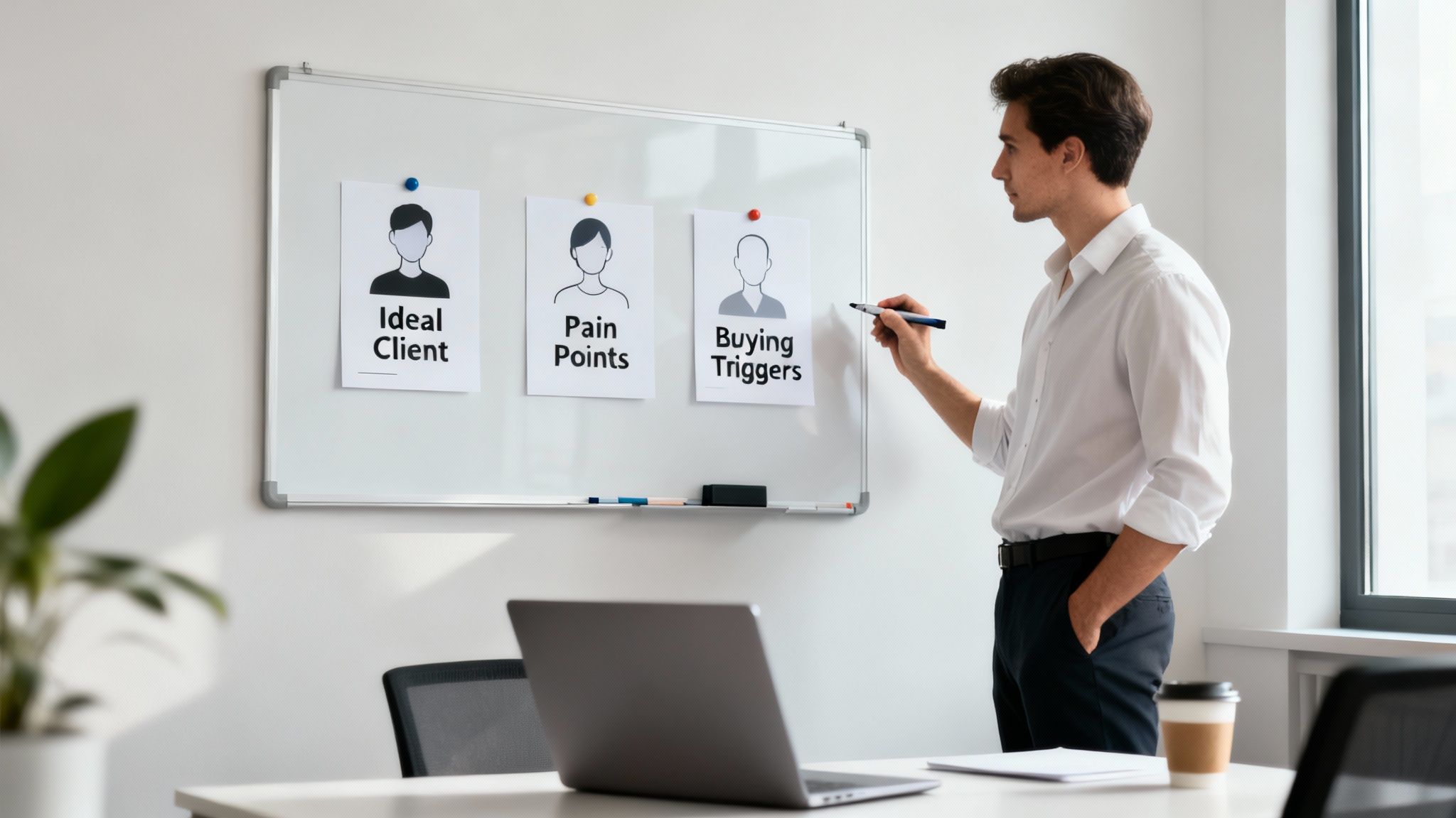A man in a white shirt explains marketing concepts like Ideal Client and Pain Points on a whiteboard.