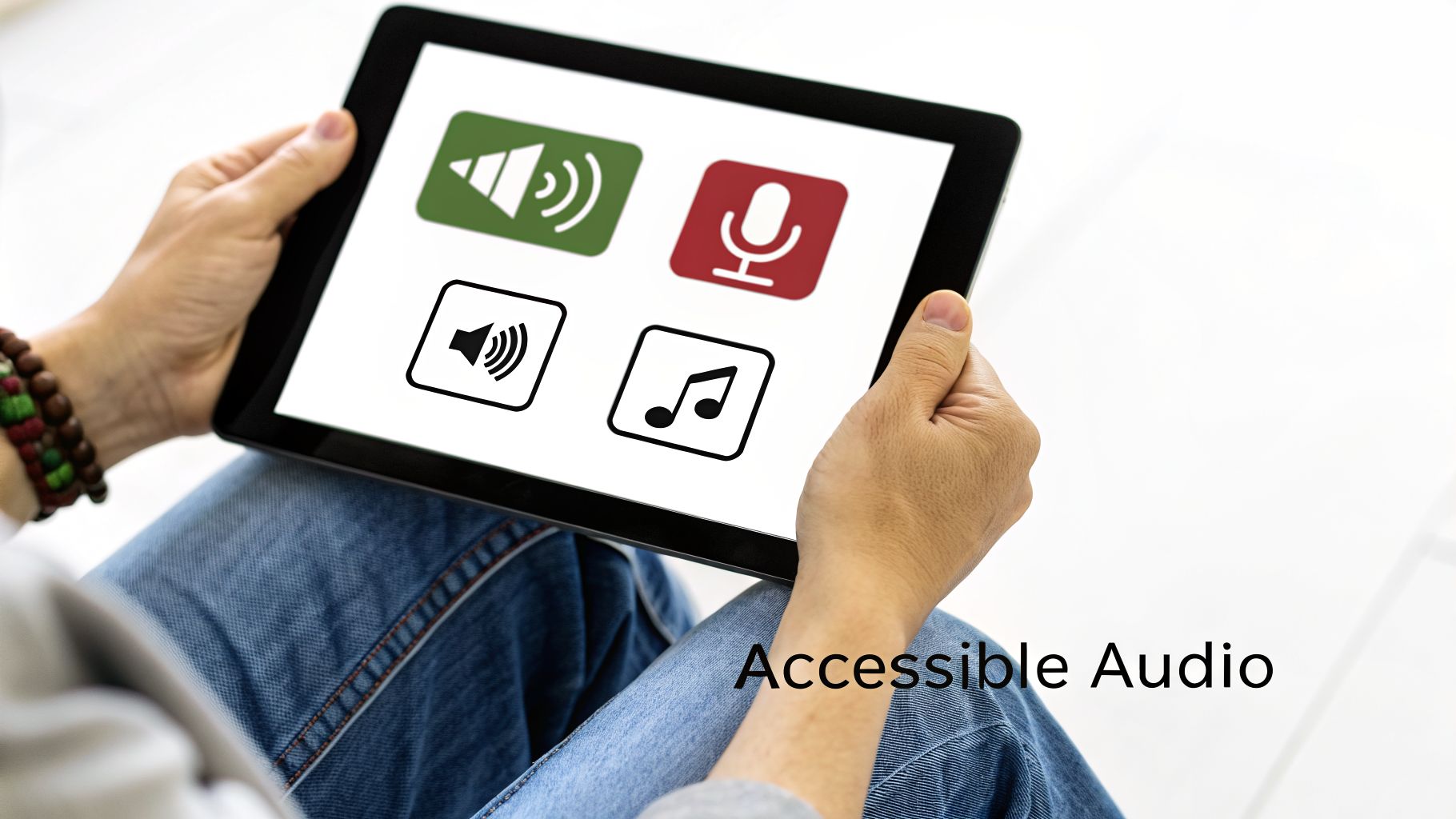 Hands holding a tablet displaying various audio icons and the text