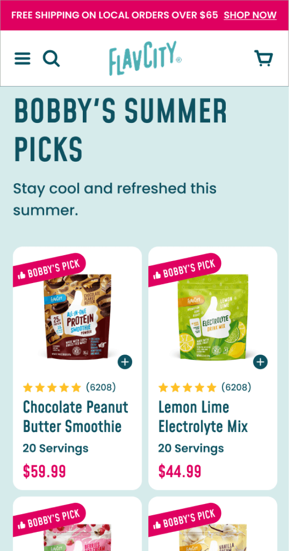Mobile product grid showcasing curated FlavCity product picks