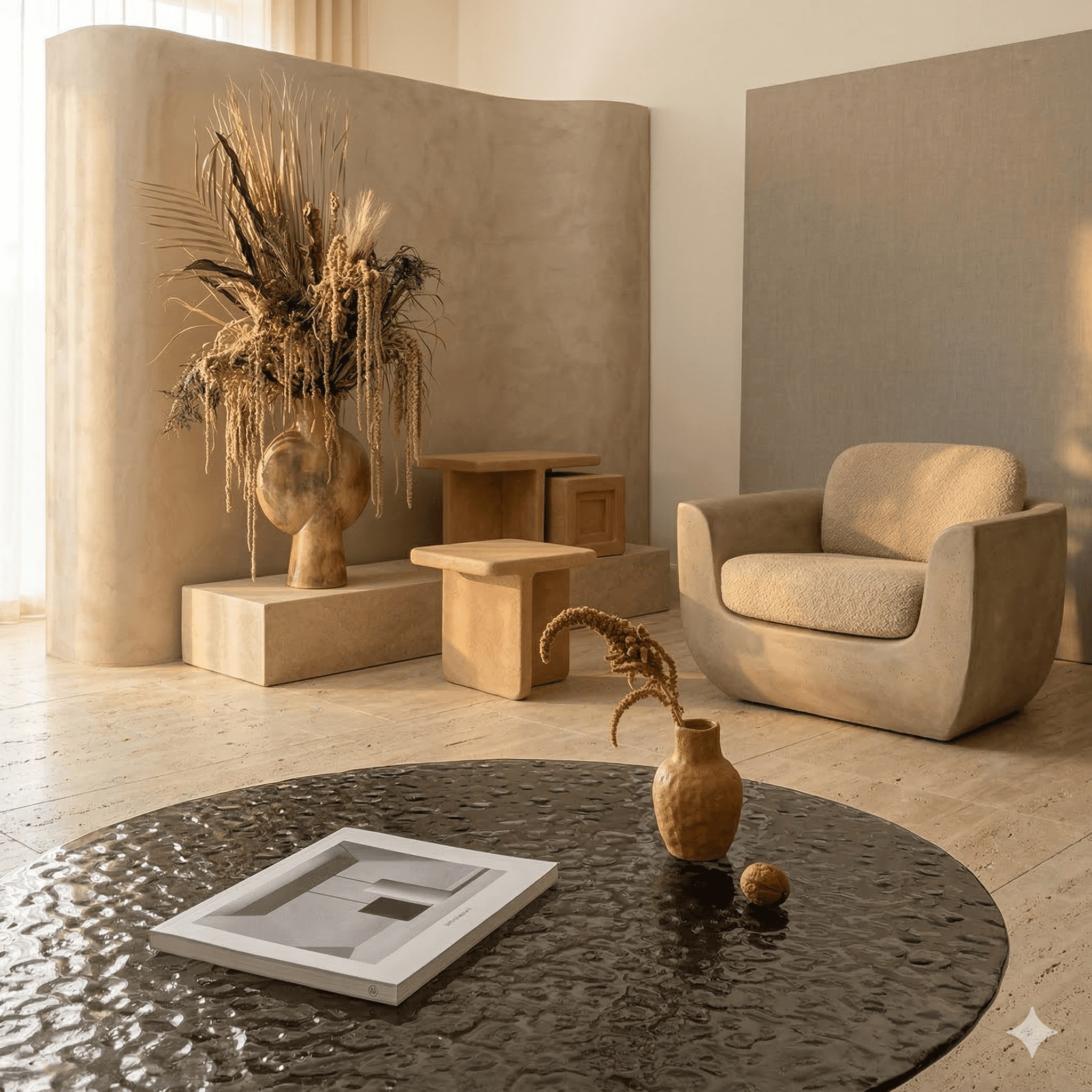 Modern staircase with glass balustrade, walnut flooring, and large windows overlooking a forest.