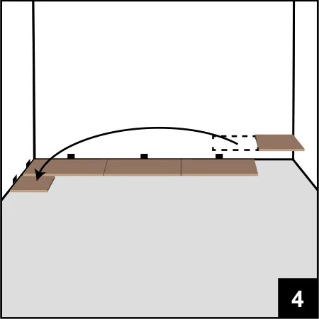 SPC地板安裝教學：將首行剩餘板材移至次行開端，示範梯級式舖法減少損耗。Branding Works 香港專業石塑地板工程。